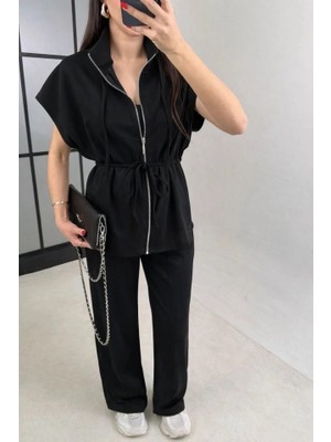 Stores36 Kadın Yarasa Kol Fermuar ve Lastikli Bağcık Detay Ceket Pantolon Ikili Takım