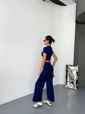 Stores36 Osy Modal Yumuşak Dokulu Kumaş Kısa Kollu Crop Alt Ispanyol Paça Pantalon Ikili Takım - Lacivert