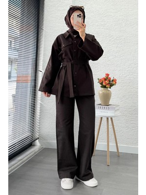 Miraydin Butik Kadın Belden Bağlamalı Pantolonlu Kot Takım - Kahverengi