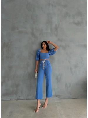 Stores36 Keten Crop Karpuz Kol Bluz-Pantolon Hasır Kemerli - Mavi
