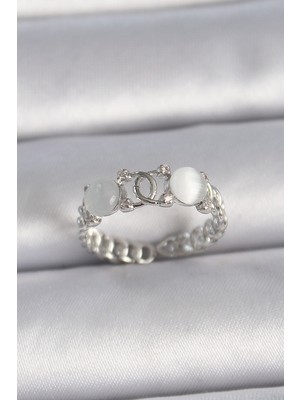 Pirinç Gümüş Renk Ayarlanabilir Zirkon Taşlı Beyaz Mineli Birleşik Halka Model Kadın Yüzük