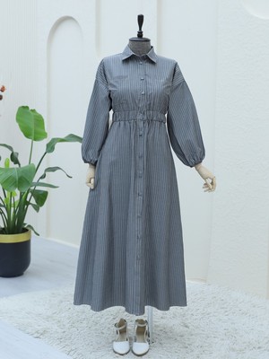 Modamorfo Önden Düğmeli Beli Lastikli Çizgili Elbise  -Füme