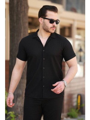 Stores36 Erkek Ottoman Kumaş Apaj Yaka Kısa Kollu Gömlek