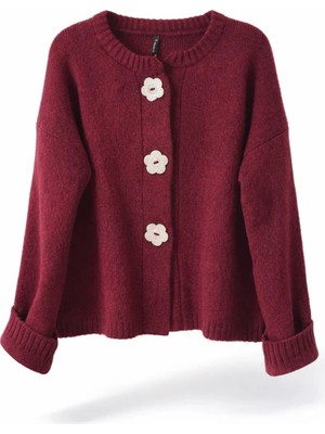 Retrobird Daisy Bloom Çiçek Düğmeli Hırka Kadın Bordo