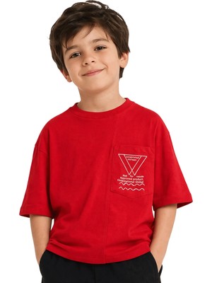 Jacklions Erkek Çocuk Kırmızı Oversize Tişört Cep Detaylı Baskılı Yaş Günlük Pamuk T-Shirt