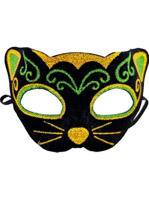 Siyah Kadife Sarı Yeşil Simli Kedi Maskesi