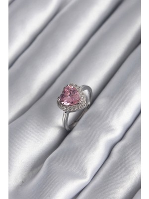 Pirinç Gümüş Renk Pembe Zirkon Taş Kalp Charm Model Kadın Yüzük