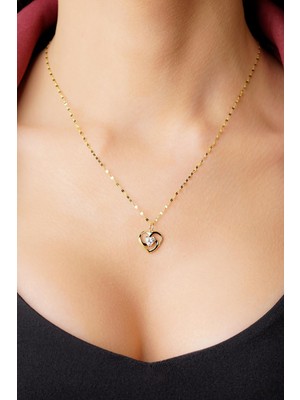 Fiyonk Kuyumculuk 14 Ayar Altın Aynalı Zincir Taşlı Kalp Kolye