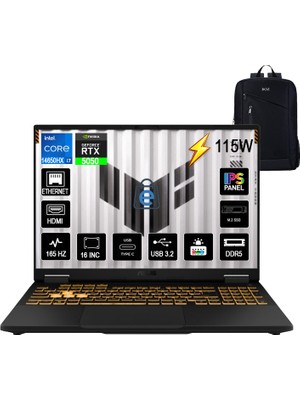Asus Tuf Gaming F16 FX608JHR-RV052 8gb RTX5050 115W Intel Core I7-14650HX 32GB Ram 1tb SSD Windows 11 Pro 16 Inç Wuxga 165Hz Taşınabilir Bilgisayar+Boz Çanta