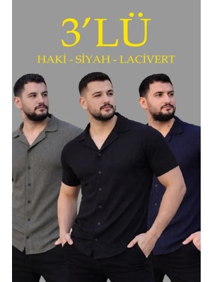 Stores36 Erkek Waffle Dokuma Açık Yakalı Düğmeli Regular Kalıp 3’lü Gömlek Seti - Siyah, Haki, Lacivert