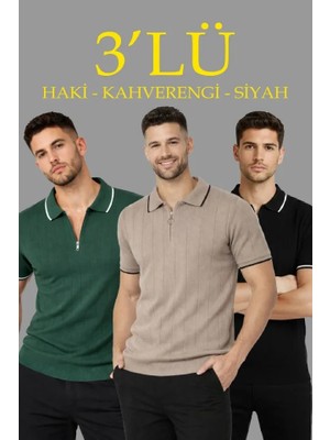 Stores36 Erkek 3’lü Paket Dokuma Triko  Fermuarlı Yakalı Fitilli Kısa Kollu Regular Fit Tişört - Kahverengi, Haki, Siyah