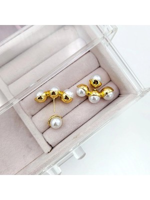 Merve Takı Özel Seri Ikili Kullanımlı Üçlü Top Inci Küpe