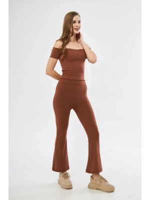 Stores36 Yüksel Bel Fitilli Ispanyol Paça Tayt - Kahve