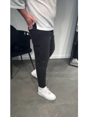Stores36 Erkek Siyah Dizi Yırtık Boyfriend Jean