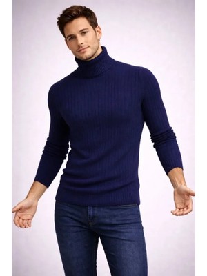 Stores36 Erkek Balıkcı Yaka Bağazlı Triko Kazak Pamuklu Kalın Fitilli Dokuma, Regular Fit Uzun Kollu Kışlık Model - Lacivert