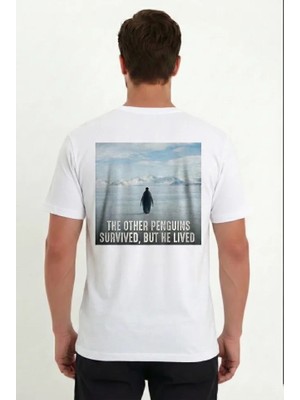 Stores36 Erkek Oversize Tişört - Sırt Baskılı Survivor Penguin Temalı, Felsefi Yazılı Bisiklet Yaka Tişört - Beyaz
