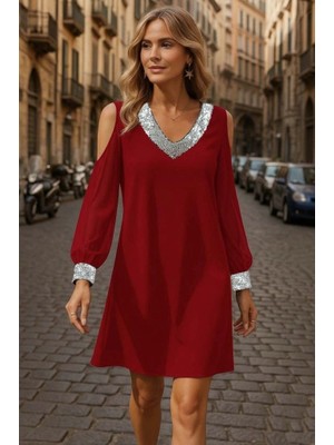 Stores36 Kadın Uzun Kollu Kollar Tül V Yakalı Mini Janjan Krep Elbise