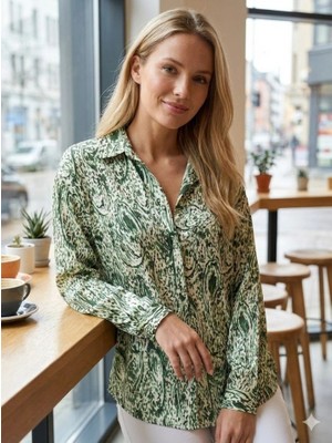 Stores36 Kadın Uzun Kollu Dalgalı Desen Baskılı Gömlek