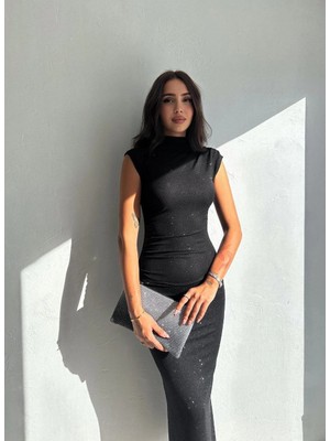 MidasTech Kadın Likralı Simli Kumaş Yandan Yırtmaçlı Uzun Elbise Şık Kolsuz Abiye - Siyah