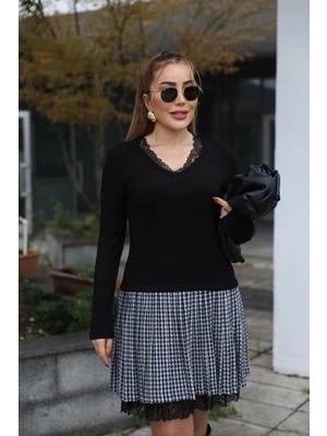 Stores36 Kadın Uzun Kollu Denteli Yaka Ekose Etek Detay Diz Üstü Elbise