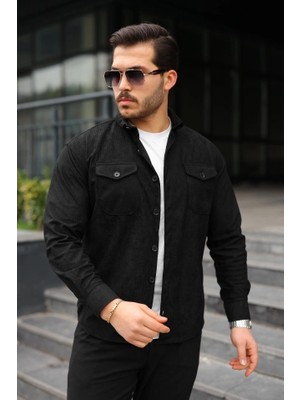 Stores36 Erkek Uzun Kollu Cepli Kadife Gömlek