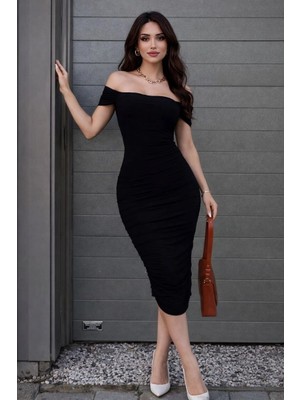 MidasTech Kadın Madonna Yaka Drapeli Midi Elbise Likralı Vücuda Oturan Davet Elbisesi - Siyah