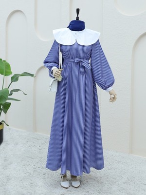 Modamorfo Bebe Yaka Çizgili Beli Lastikli Uzun Elbise -Laci