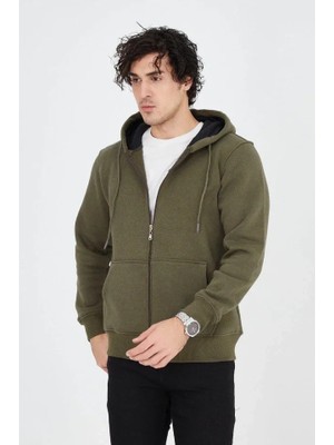 Stores36 Erkek Kapüşonlu Düz Fermuarlı Hırka - Yeşil