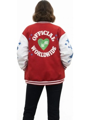 Stores36 Kırmızı Varsity Çıtçıtlı Baskılı Oversize Kalıp Kolej Ceket - Kırmızı
