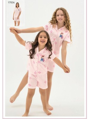 Sevim Zeyzey 8980 Pembe Çizgili Ayıcıklı Boydan Düğmeli Gömlek Şort Takım 'anne Kız Kombin Yapılabilir'