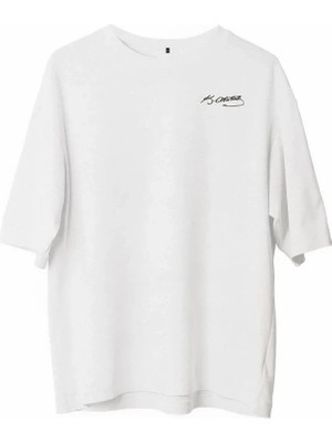 Stores36 Unisex Bisiklet Yaka Baskılı Oversize T-Shirt - Beyaz