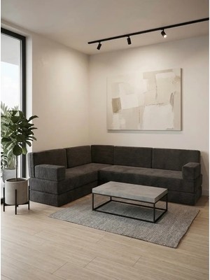 Bakırözü Home Premium Kadife Kumaş, Konforlu Yer Kanepesi ,modüler Şark Köşesi Takımı - Antrasit - 40 Cm- L Set