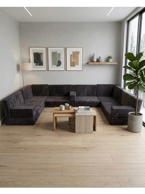 Bakırözü Home Premium Kadife Kumaş, Konforlu Yer Kanepesi ,modüler Şark Köşesi Takımı - Antrasit- U Set