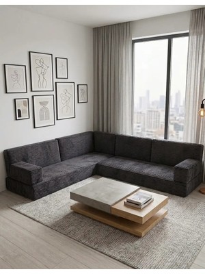 Bakırözü Home Premium Kadife Kumaş, Konforlu Yer Kanepesi ,modüler Şark Köşesi Takımı - Antrasit- L Set