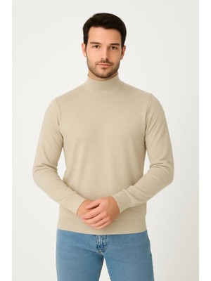 Stores36 Erkek Yarım Boğaz Triko Kazak Yumuşak Dokulu Pamuklu Ince Dokuma, Uzun Kollu Rahat Regular Kalıp - Bej