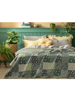 English Home Flower Patchwork Çift Taraflı Tek Kişilik Çok Amaçlı Örtü Yeşil