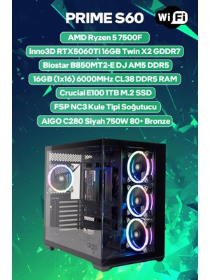 Game Garaj Prime S60 Amd Ryzen 5 7500F 16GB Ram 1tb SSD RTX5060TI 16GB Freedos Oyuncu Oem Paket