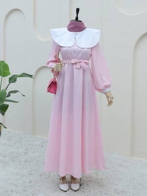 Moda Morfo Bebe Yaka Çizgili Beli Lastikli Uzun Elbise -Pembe