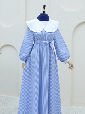 Moda Morfo Bebe Yaka Çizgili Beli Lastikli Uzun Elbise  -Mavi