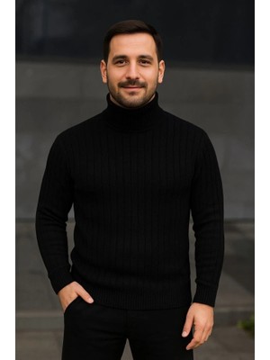 Stores36 Erkek Balıkcı Yaka Bağazlı Triko Kazak Pamuklu Kalın Fitilli Dokuma, Regular Fit Uzun Kollu Kışlık Model - Siyah