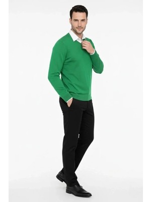 Stores36 Erkek V Yaka Triko Kazak Yumuşak Dokulu Pamuklu Ince Dokuma, Uzun Kollu Rahat Regular Kalıp - Çimen Yeşili