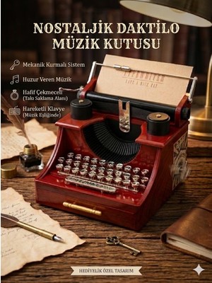 Eser Ticarett Nostaljik Daktilo Müzik Kutusu Kurmalı Vintage Dekoratif Hediye Obje