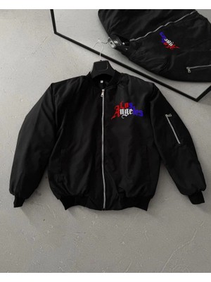 Stores36 Tam Fermuarlı Uzun Kol Baskılı Bomber Ceket - Siyah