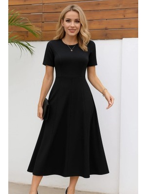 Stores36 Kadın Kısa Kollu Bisiklet Yaka Maksi Boy Ithal Krep Elbise