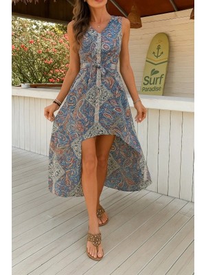 Stores36 Kadın Kolsuz V Yakalı Desenli Süprem Tulum Elbise