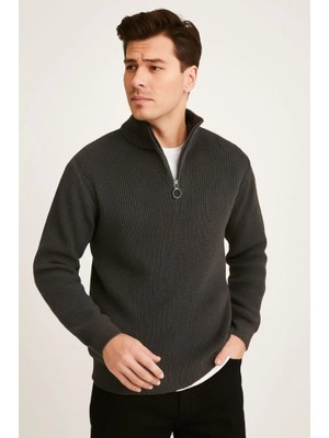 Stores36 Erkek Yarım Fermuarlı Triko Kazak – Selanik Örgü, Dik Yaka, Pamuklu Dokuma, Regular Fit Uzun Kollu Kışlık Model - Füme