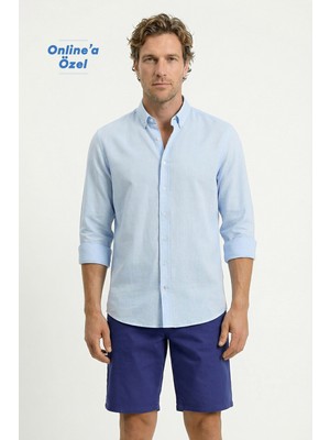 Kiğılı Uzun Kol Regular Fit Düğmeli Yaka Spor Pamuk Nefes Alabilen Keten Görünümlü Gömlek