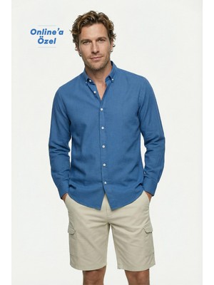 Kiğılı Uzun Kol Regular Fit Düğmeli Yaka Spor Pamuk Nefes Alabilen Keten Görünümlü Gömlek