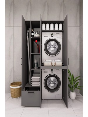 Demirbal Mobilya Mdf Çamaşır Makinesi ve Kurutma Makinesi Dolabı Ütü Masalı Kapaklı