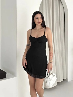 Adisia Kadın Siyah Askılı Mini Elbise Drapeli Göğüs Detay Likralı Yazlık Fit